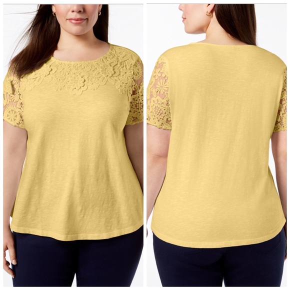 Charter Club Tops - 1X 2X 3X Charter Club Yellow Lace Short Sleeve Top